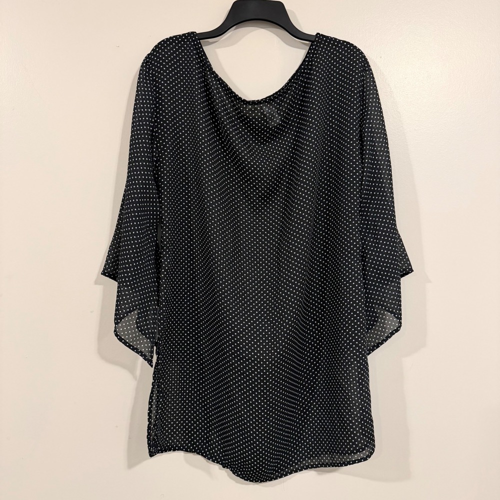 Islander Polka Dot Tunic Women Large Black White Split Bell Sleeve Chiffon Top